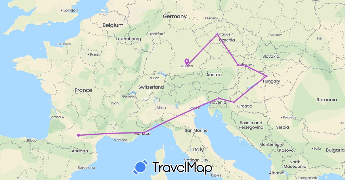 TravelMap itinerary: train in Austria, Czech Republic, Germany, Croatia, Slovenia, Slovakia (Europe)